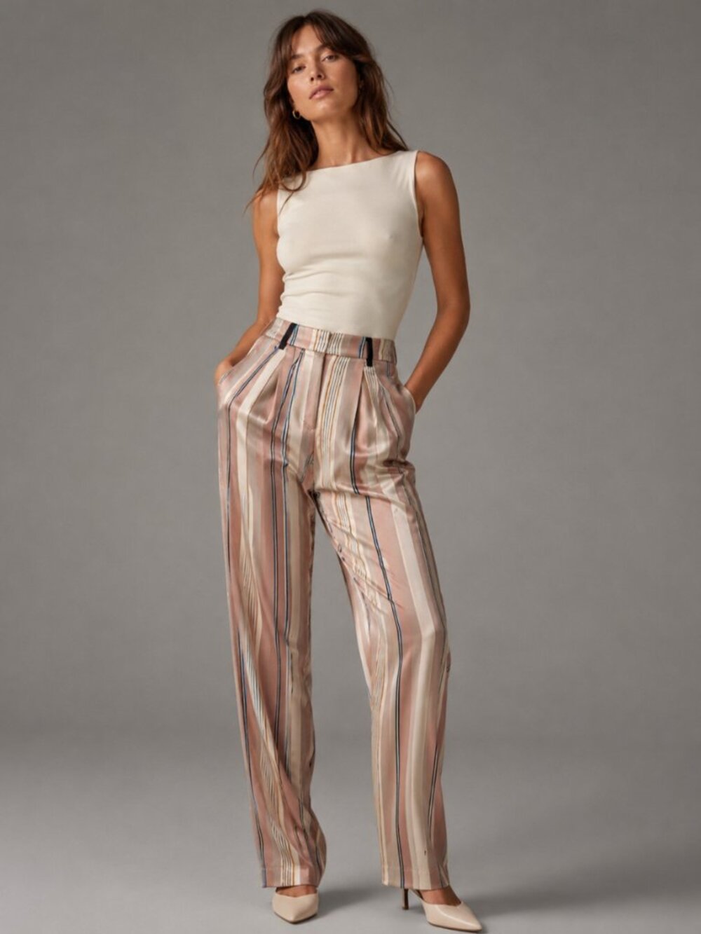 Striped Satin Straight-Leg Pants in Blush Multi